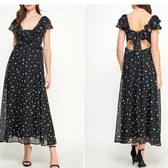 Koko + Mason Floral Tie Back Ruffle Fairy Whimsigoth Black Maxi Dress sz L NWT - Picture 1 of 12